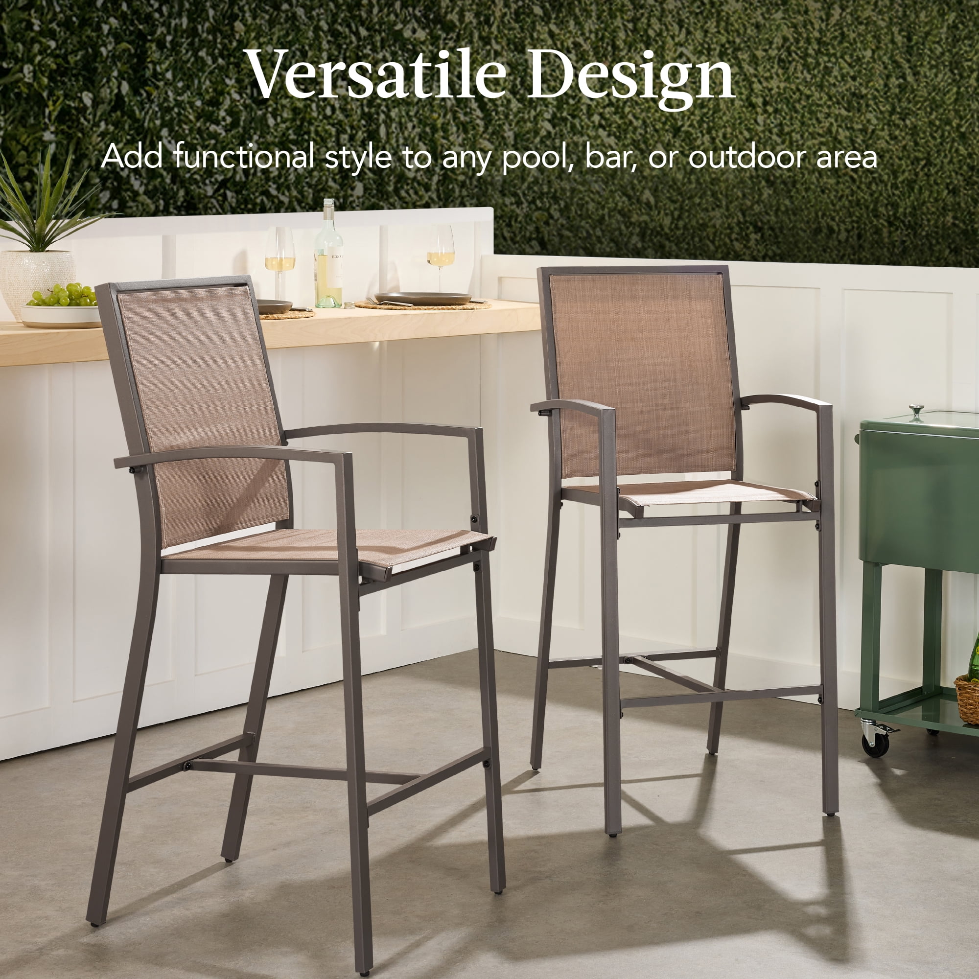 Best Choice Products Outdoor Barstools Set of 2, Bar Height Patio Chairs w/ All-Weather Mesh - Brown/Light Brown