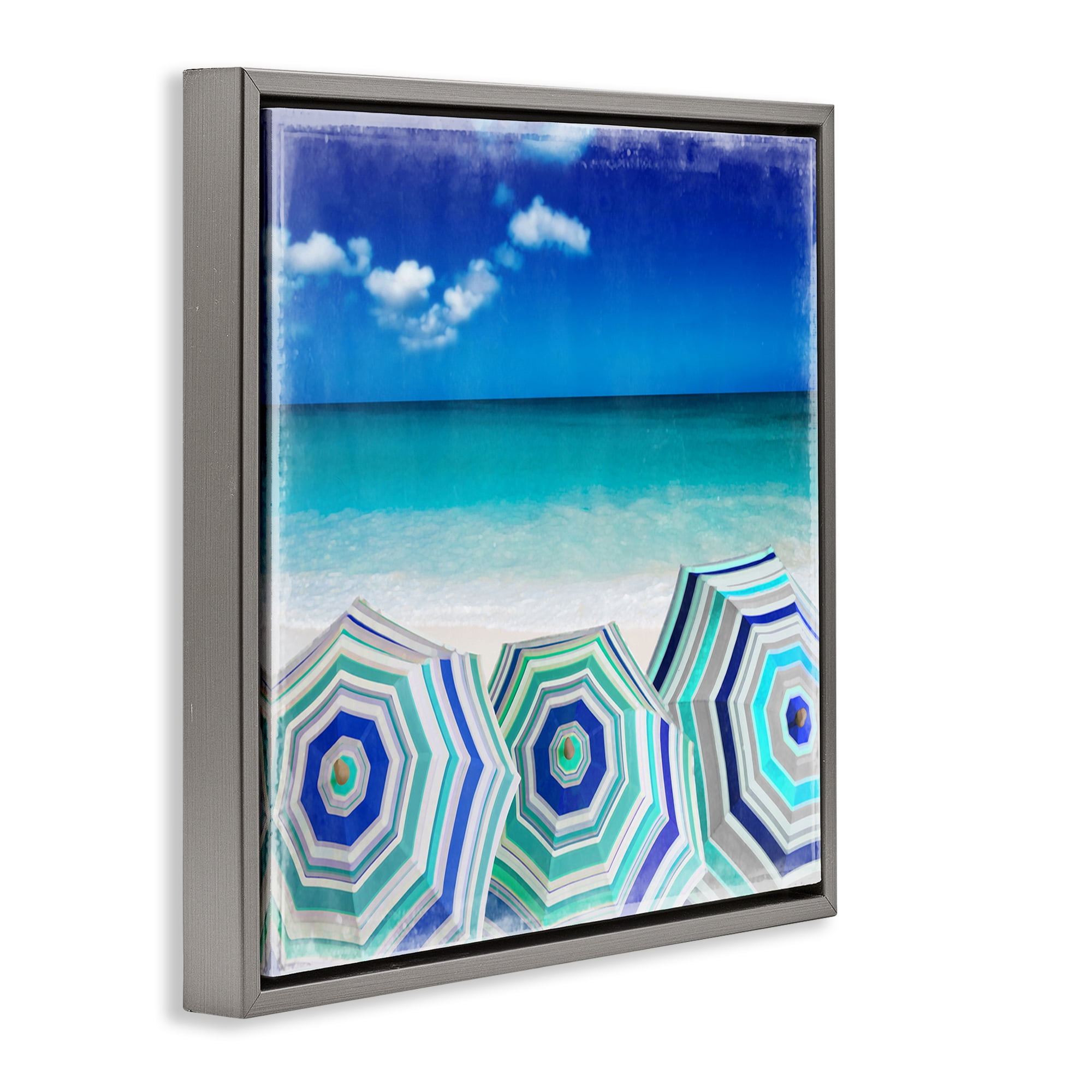Stupell Industries Three Beach Umbrellas View Nautical & Beach Painting Gray Floater Framed Canvas Art Print Wall Art, 25 x 25