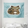thumbnail image 1 of Cartoon Tapestry, Cute Raccoon Meditating on Blue Meadow Spring Flowers Graphic Art, Wall Hanging for Bedroom Living Room Dorm Decor, 80W X 60L Inches, Turquoise Brown Dark Green, by Ambesonne, 1 of 2