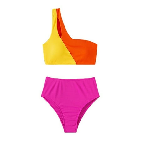 Naughtyhood Summer Bathing Suits for Women!Womens 2 Piece Bathing Suit Colorful One-shoulder Split Swimsuit Women s High-waisted Thong Bikini Swimsuit Sets for Women 2024