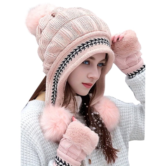 DJN Women Knit Hat Scarf Combo for Women Winter New Style Pullover Outdoor Warm Ear Protection Set Pink One Size