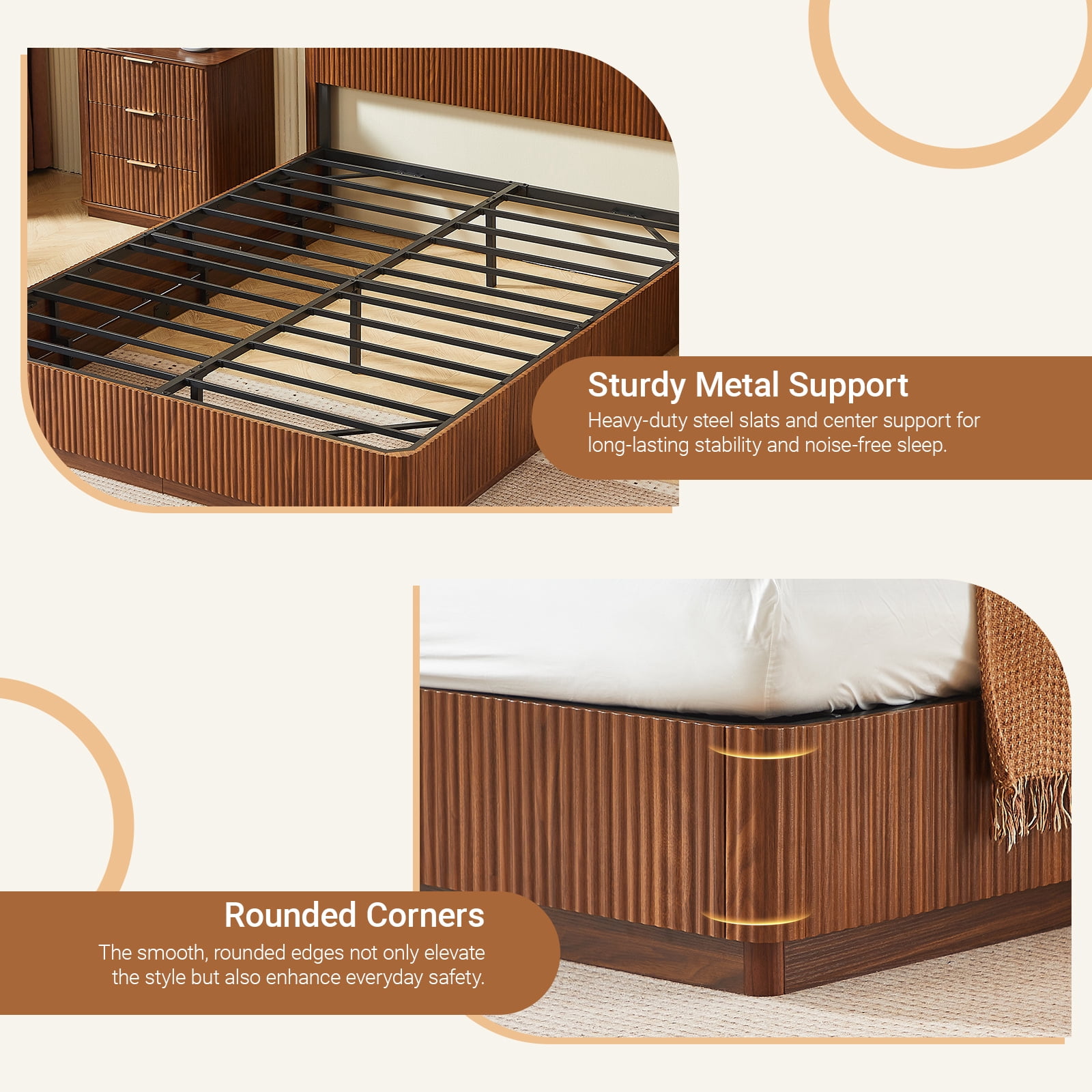 Queen Size Bed Frame with LED Lights, Modern Wooden Corrugated Curved Lines, Convex Groove Board Design