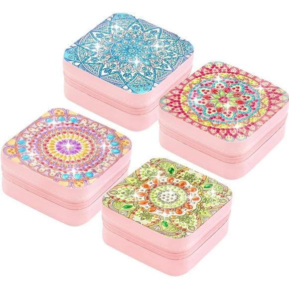 Organisateur de Bijoux Diamond Pictures 1 Pce/4 Pcs Ensemble, Boîte de Rangement Mandala Portable DIY, Étui à Bijoux Compact en Cuir PU, Motif Mandala Fait Main, Organisateur de Voyage Minimaliste Moderne