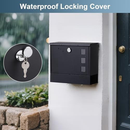 Locking Mailbox Wall Mount for Outside–  Mailboxes with Key Lock for Front Door Fence, Large Capacity Letter Box, 14.3 x 4.1 x 11.8 Inch, Black, SM-HPB911BN