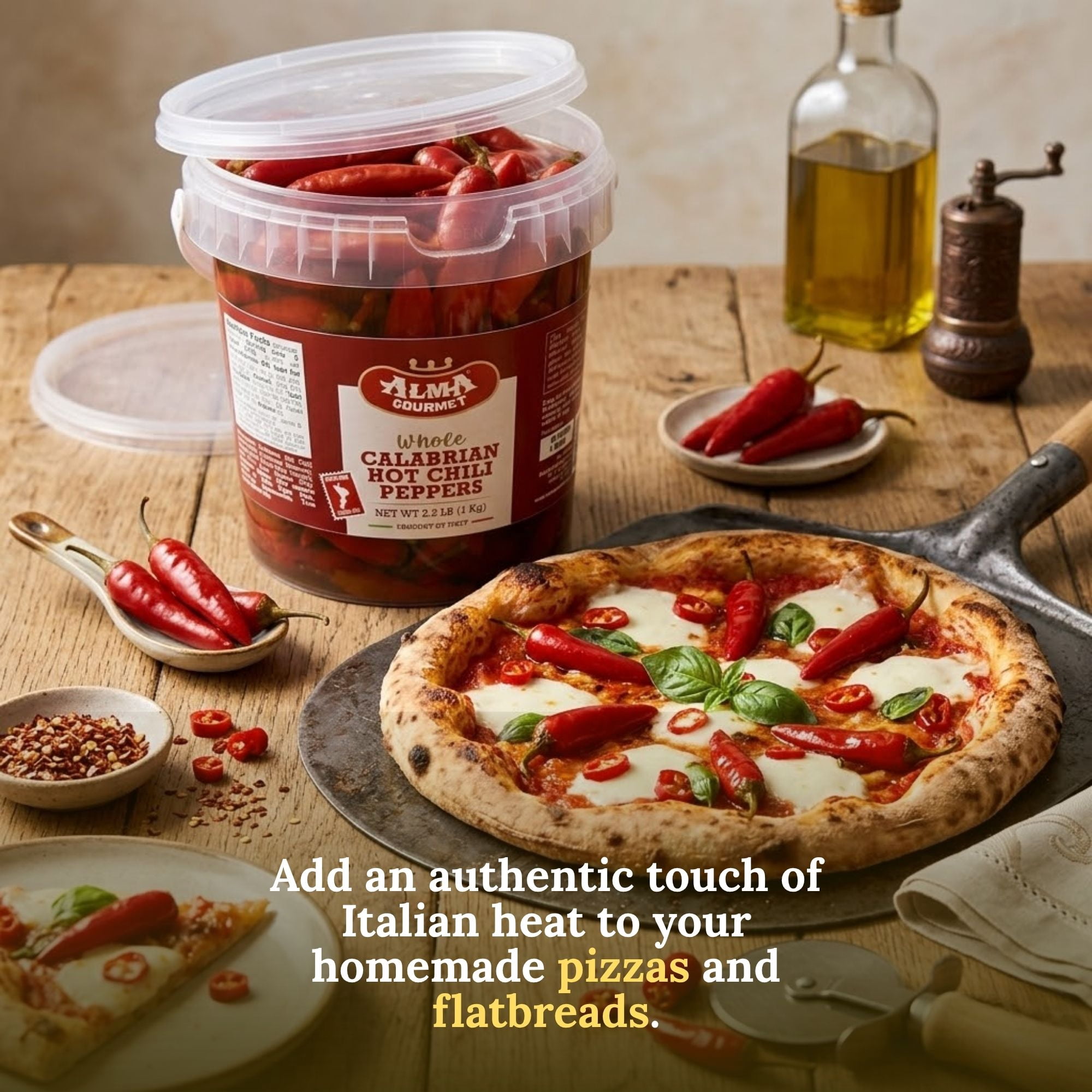 Alma Gourmet Whole Calabrian Chili Peppers in Oil, 2.2 lb (1 kg) Food Service Bucket, Hot Italian Peppers, Imported from Italy, No Major Allergens