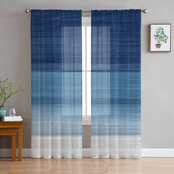 Navy Blue Striped Sheer Curtains 63 Inches Length 2 Panels Set, Window Sheer Curtains for Living Room/Bedroom, Modern Abstract Art Farmhouse Stripe Light Filtering Rod Pocket Curtain 52'' x 63'' x 2