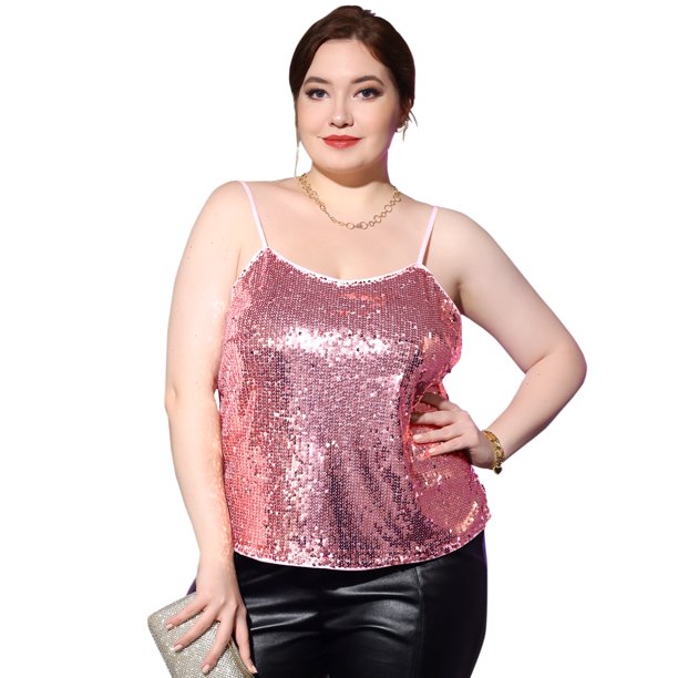 Plus Size Tops for Women Sequined Shining Camisole Club Party Sparkle Cami Top Pink 2X