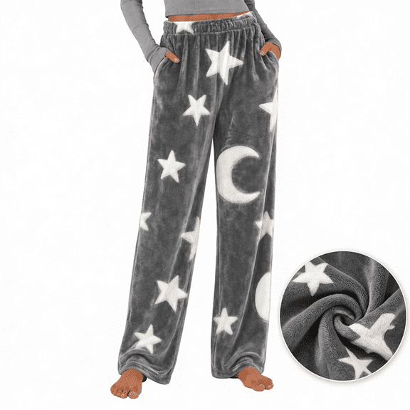 Axiiglly Flannel Pajama Pants for Women, Star Printed Elastic Waist Wide Leg Black Pants with Pockets, Plus Size Soft Comfy Lounger Sleepwear Bottoms