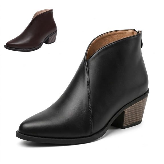 SACFOF Women's Pointed Toe Chunky Stacked Low Heel Ankle Boots Fashion V-Cut Back Zip Western Ankle Boots Warm Fur Lined Genuine Leather Dress Booties