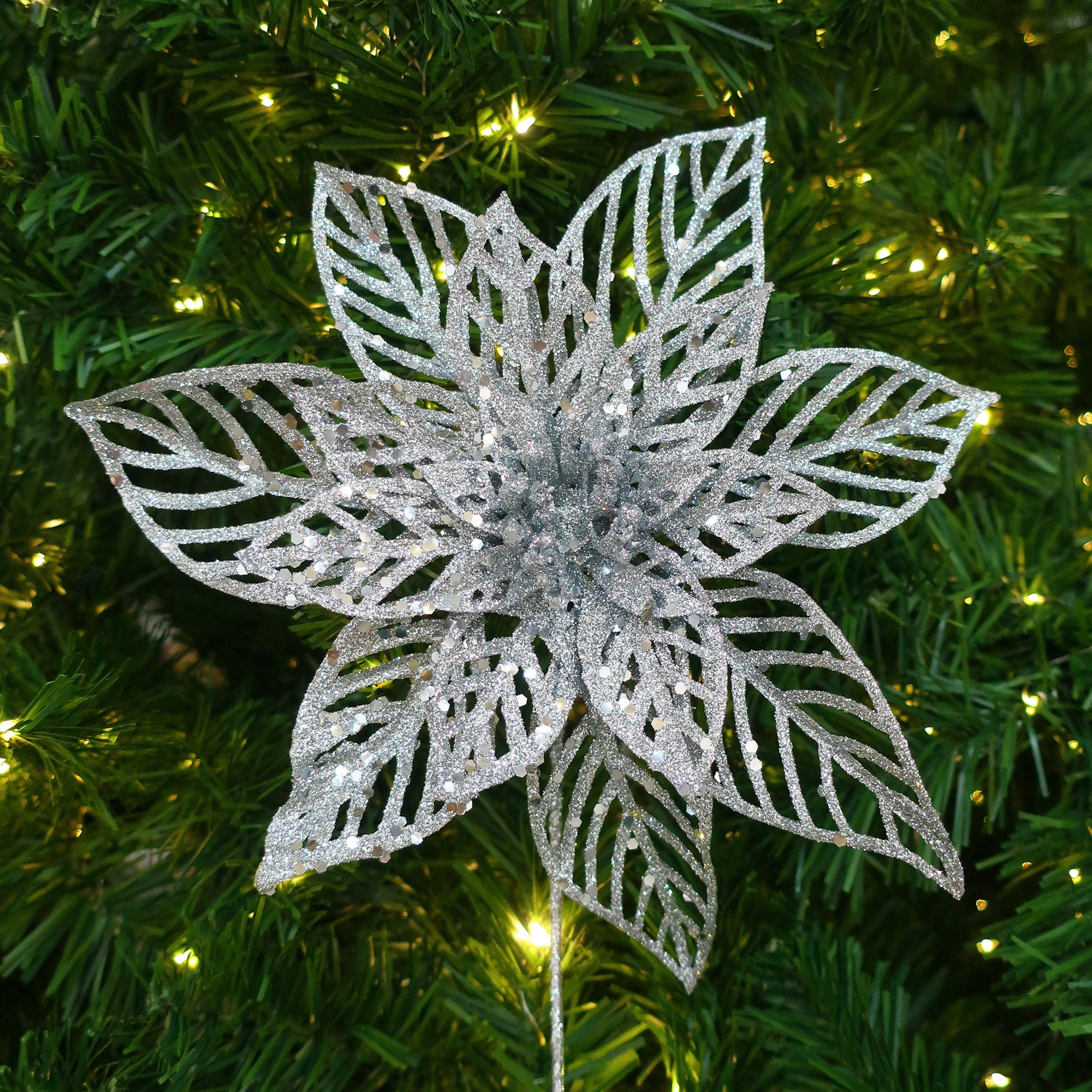 Holiday Time Branche de Poinsettia à Paillettes Argentées 9" HOLIDAY TIME PL PIQUET POINSETTIA