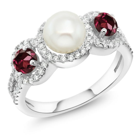 Gem Stone King 925 Sterling Silver Cultured Freshwater Pearl Red Rhodolite Garnet Ring for Women (1.54 Cttw, Gemstone Birthstone, Available in Size 5, 6, 7, 8, 9)