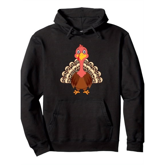Funny Thanksgiving Turkey Hoodie with 3D Turkey & Leopard Print Feathers - Unisex Pullover Sweatshirt for Men, Women &, 60% 40%, Hooded Casual Costume or Year-Round Wear, Turkey Trot Events (Black)