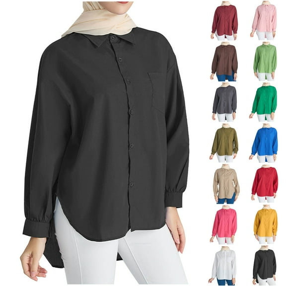 Fesfesfes Womens Yellow Tshirt Women Solid Color Lapel Casual Long-Sleeved Pocket Shirt Ladies Tops Free Size(US:4-10)