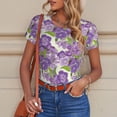 thumbnail image 6 of KLL Women 's Crew Neck Bodysuit Jumpsuits Violets Flowers Print Short onesies Stretch T Shirts, 6 of 7