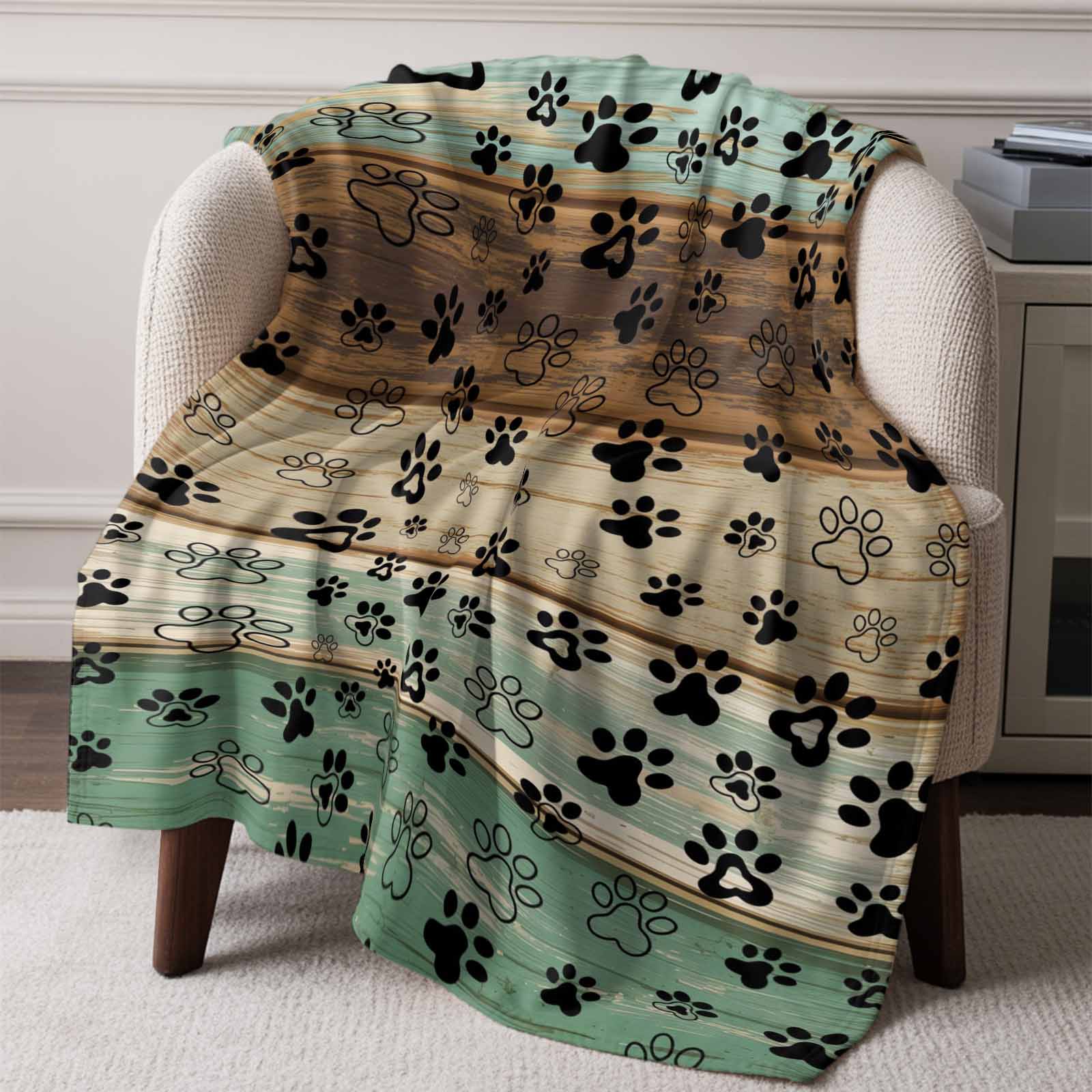 Dog Claw Paw Print Throw Blankets, Pet Green Brown Farmhouses Wood Soft Fleece Blanket Decorative for Home Sofa Couch Chair Living Bedroom, 30x40 Inches,