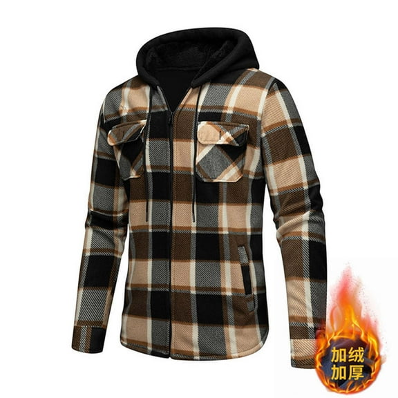 COSFO Zip Up Jackets for Men Plaid Hooded Fleece Casual Outerwear Warm Long Sleeve Loose Fit Coats for Men