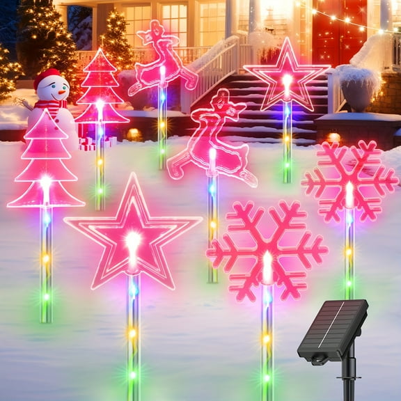 8 Pack Christmas Decorations Outside, Colorful/Warm 4 Shapes Solar Christmas Lights With 32 LED And 8 Lighting Modes, Solar Stake Lights Outdoor Christmas Decorations For Pathway Yard