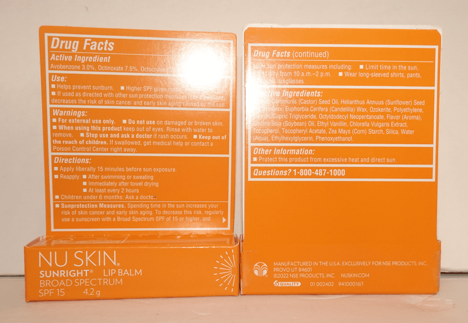 Nu Skin Nuskin Sunright Lip Balm SPF 15 Tube Stick Lip Protection 0.15oz 4.2g (2 Tubs)