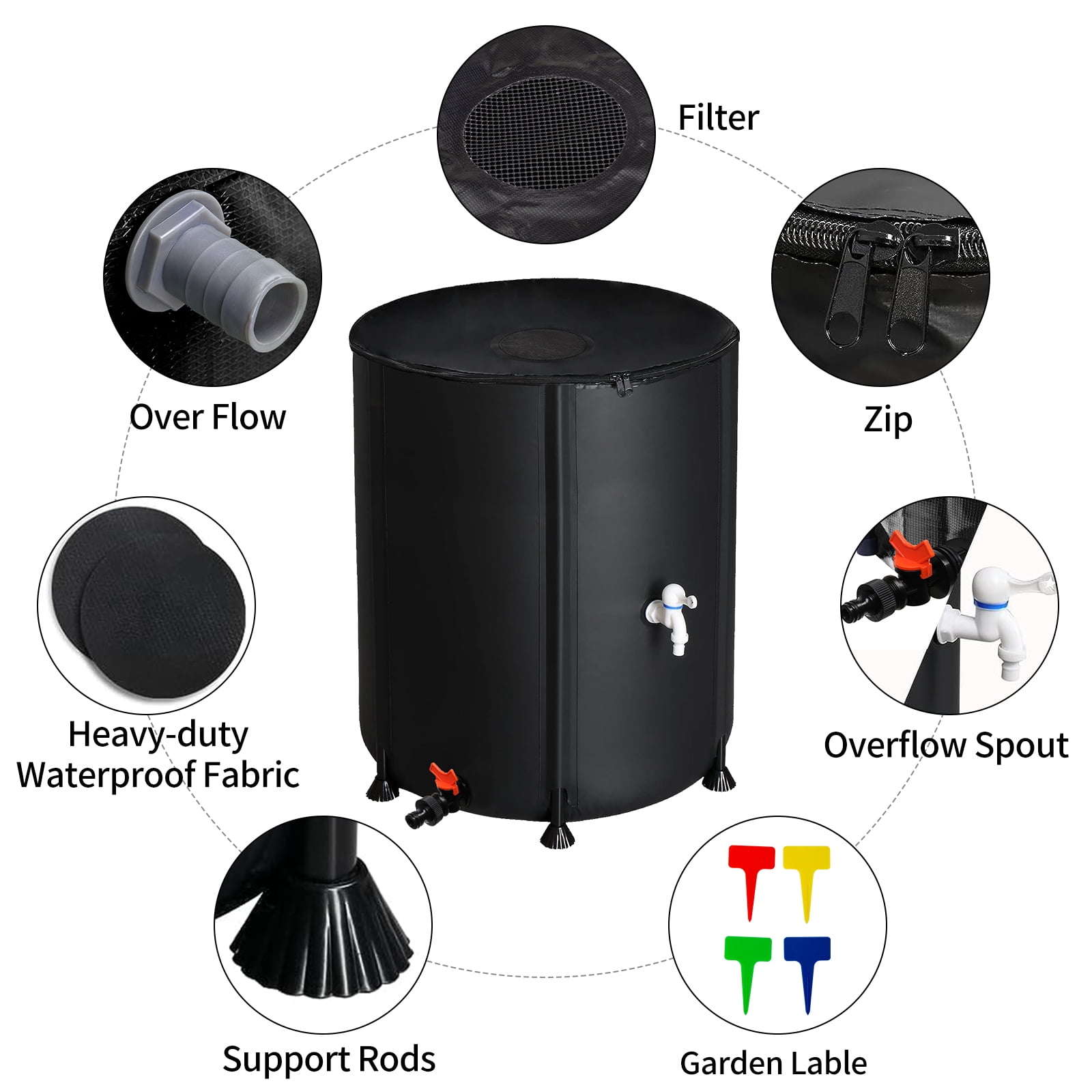 BAYUELSWU 50 Gallon Collapsible Rain Barrel, Portable Water Storage Tank, Folding Rain Barrel Water Collector with Spigots (Black)