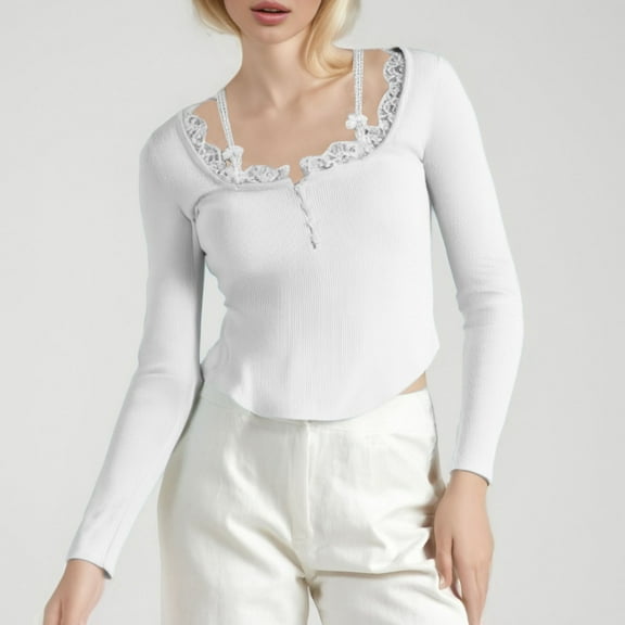 SNKSDGM Women's Plus Casual Easter Shirts Shirts for Women Trendy Summer 3/4 Sleeve Women's Fairy Solid Rock Shirt Tops Long Sleeve Lace Patchwork Teen Girls Slim fit T Shirt Tops for Women Over 50