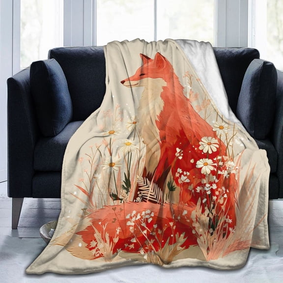 Floral Fox Throw Blanket - Cottagecore Wildflower Art, Soft Flannel Fleece, Botanical Nature Decor for Women & Young Adults 50x40
