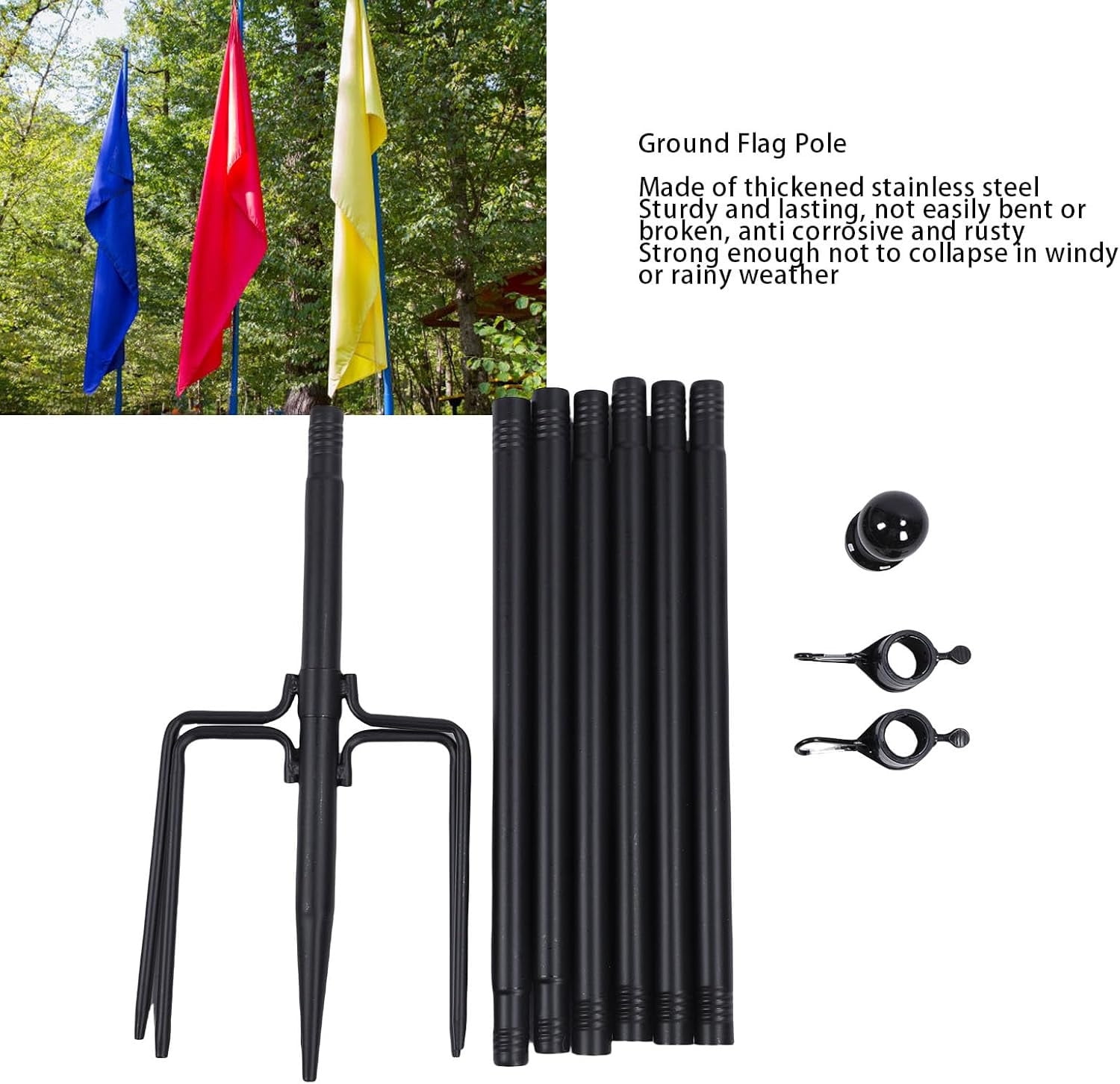 Flag Poles for Garden and Yard, 10 Ft Thickened Stainless Steel Ground Flag Pole with 5-Prong Base, Adjustable Height