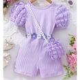 thumbnail image 4 of GYRATEDREAM Toddler Baby Girl Romper Jumpsuit Kids Crewneck Short Puff Sleeve Cross Back Pit Strip Onesie with Bag Spring Summer Outfit Clothes for 2-7Y Purple, 4 of 8