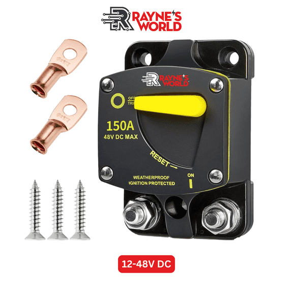 Rayne's World 150 Amp Heavy Duty Circuit Breaker DC 12-48V with Connection Kit - Car Audio, Marine, Truck, Trolling Motor, Stereo, RV, Solar Power