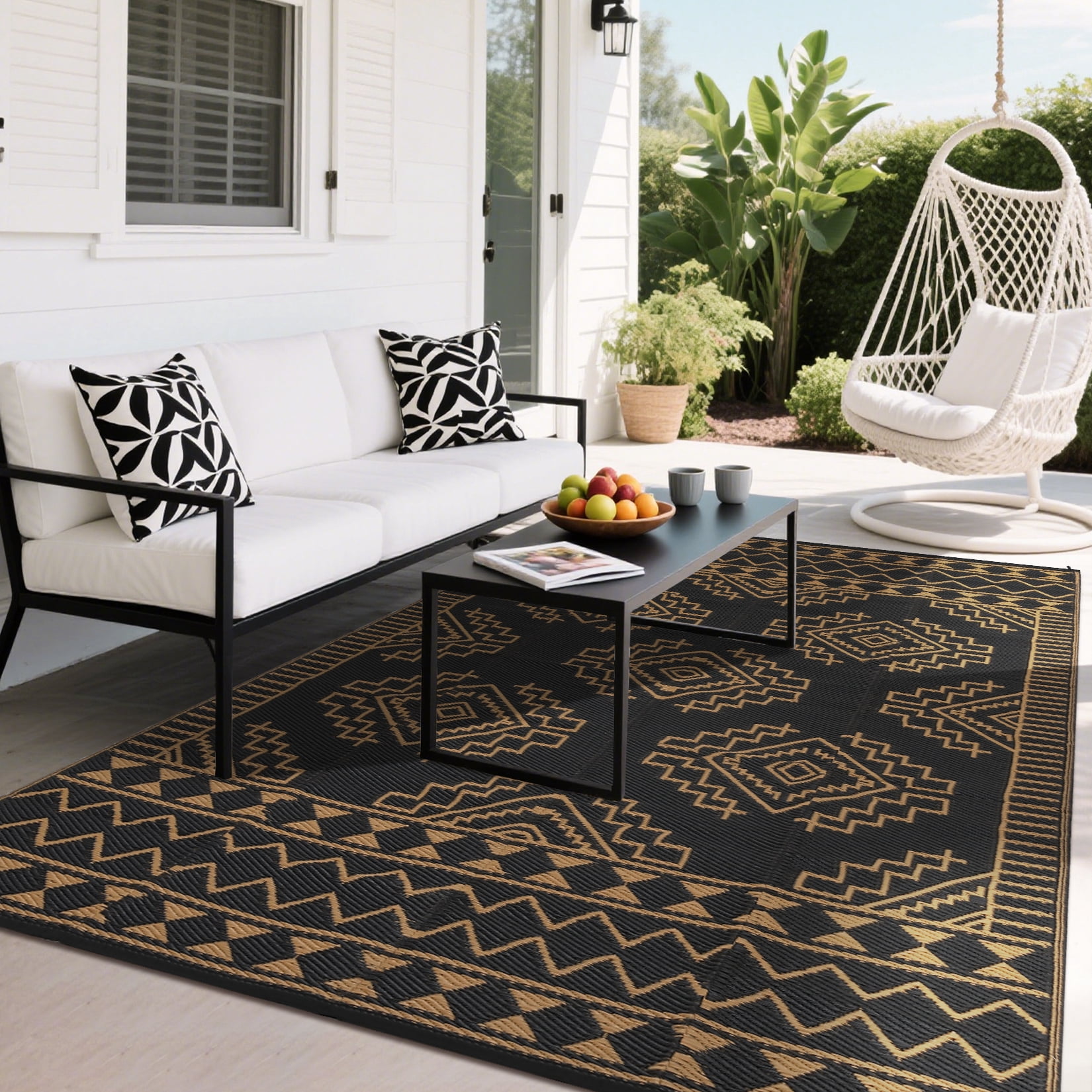 Nanan 9'x12' Outdoor Rug Geometric Waterproof Plastic Straw Rug, Reversible Portable Camping Rug for Patio Balcony Deck Backyard, Black Brown