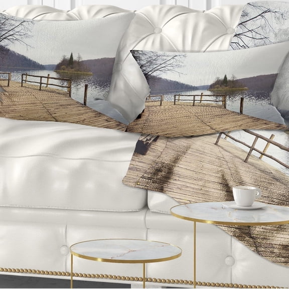 Designart Plitvice Lakes Wooden Bridge - Landscape Photo Throw Pillow - 12x20