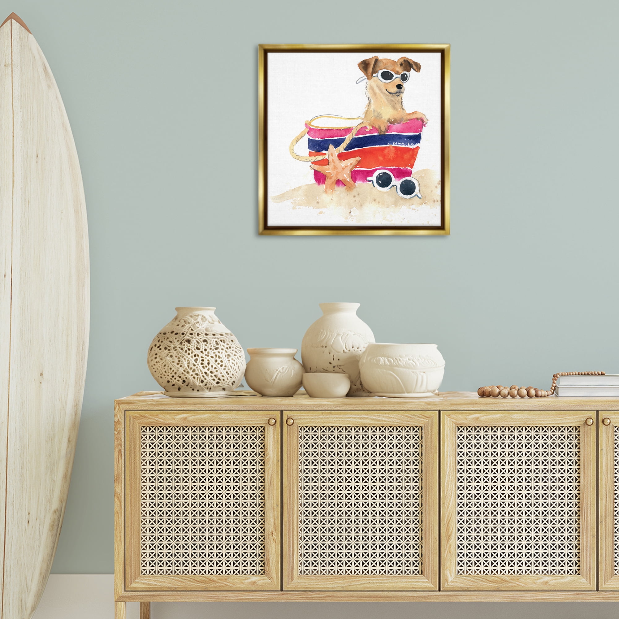 Stupell Industries Sandy Dog in Beach Bag Animals Painting Gold Floater Framed Canvas Art Print Wall Art, 25 x 25