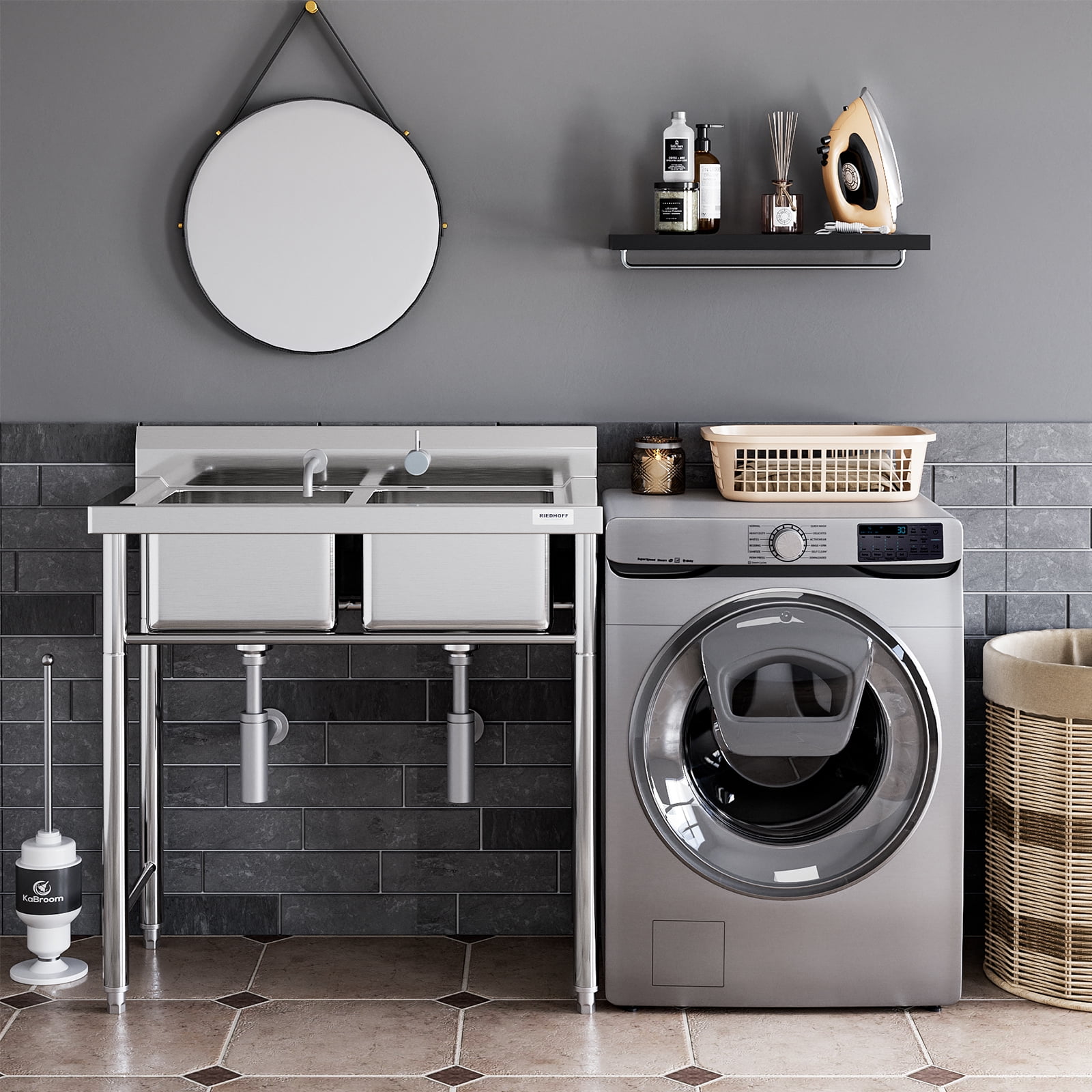 Simzone Stainless Steel Utility Sink with 2 Compartments,[Wide