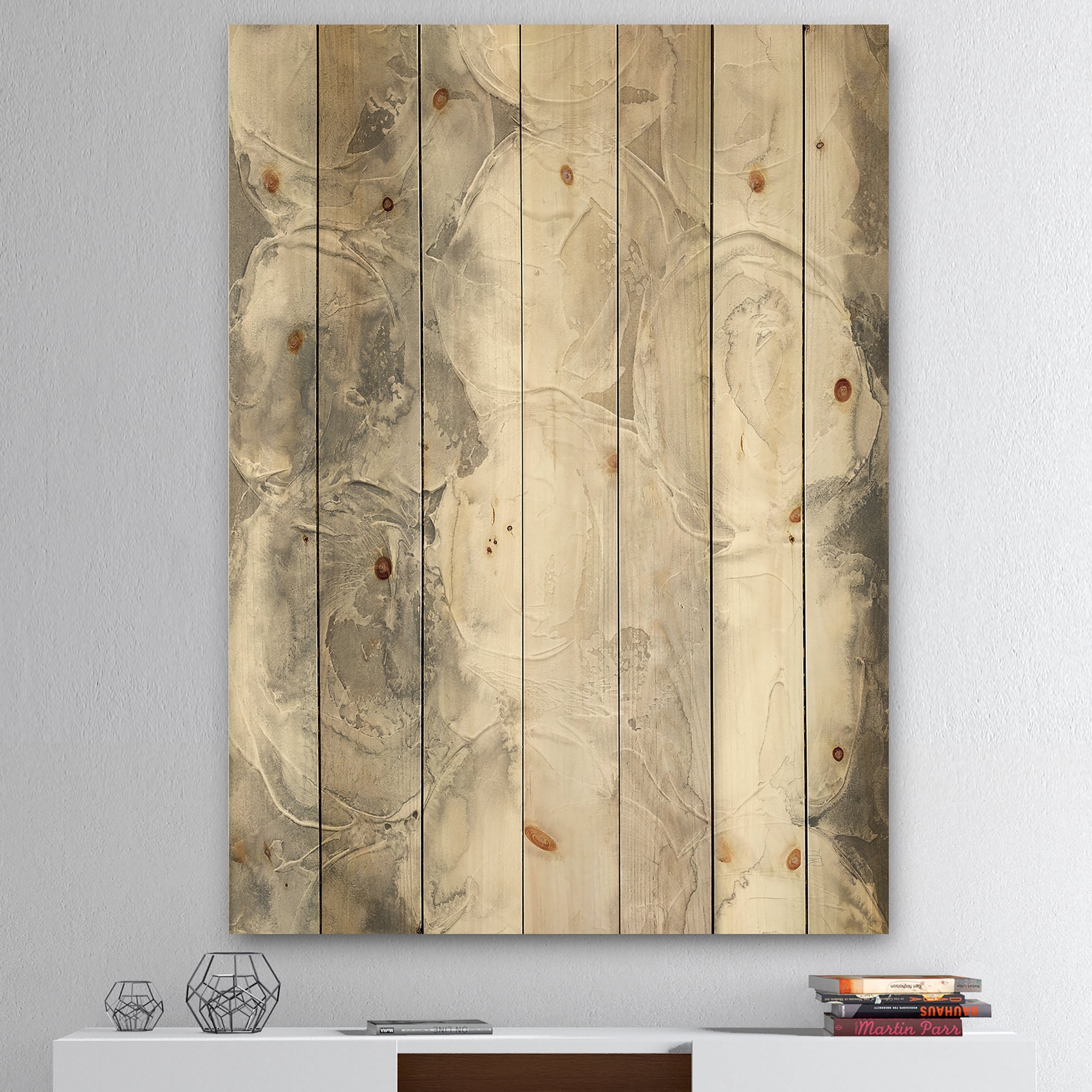 Designart 'Fractal Gray Circles I' Modern & Contemporary Print on Natural Pine Wood