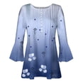 thumbnail image 4 of IROINNID Plus Size Shirts for Women Crew Neck Long Sleeve Casual Trumpet Printed Buttoned Basic Ruched Tops Pleated T-shirts Blouses,Blue, 4 of 5