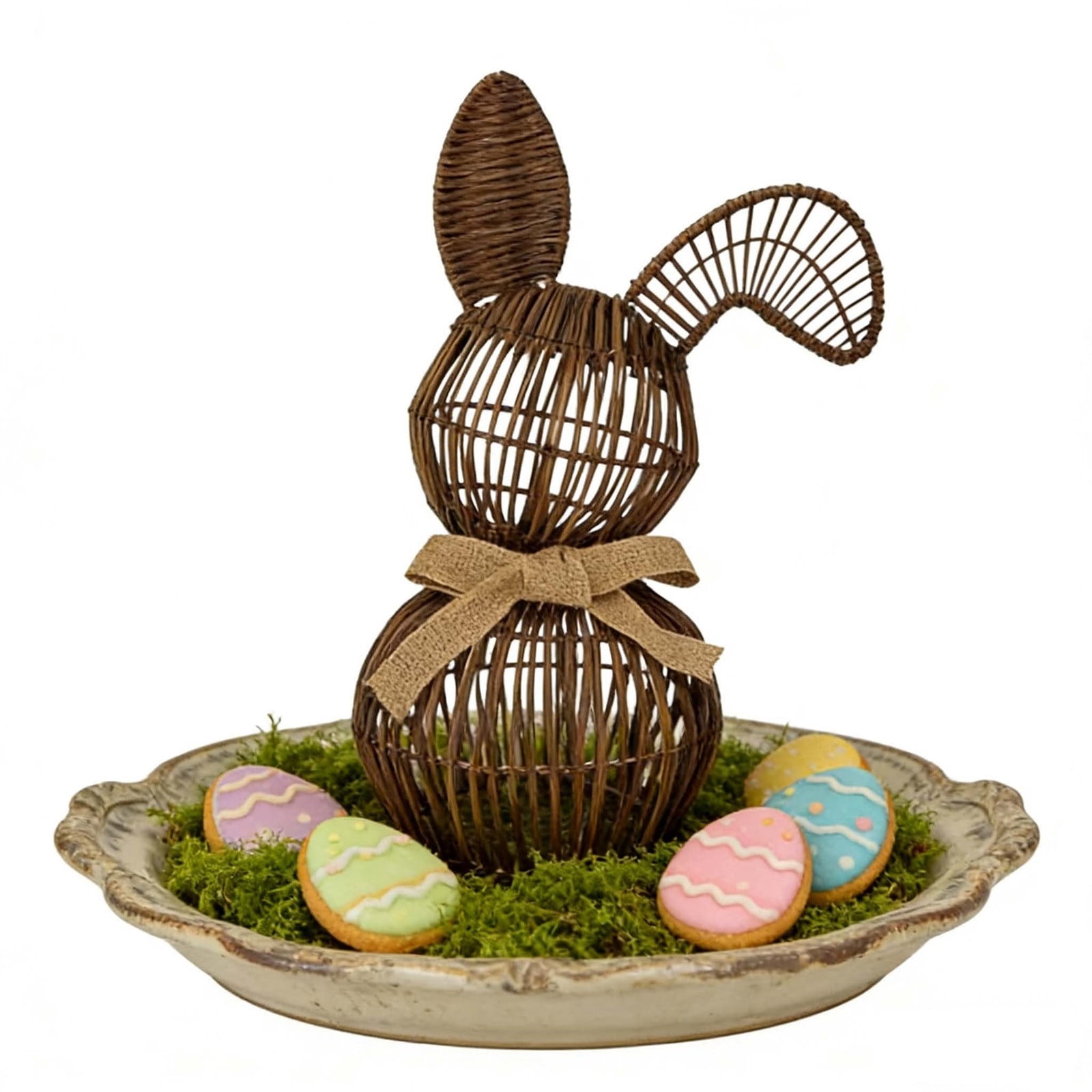 Easter Decorations Handmade Wooden Bunny, Natural Rattan Hand-Woven Easter Basket for Egg Hunt, Rustic Spring Table Centerpiece for Home, 1 Count