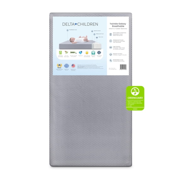 Delta Children Twinkle Galaxy Breathable Crib Mattress and Toddler Mattress - Breathable Cover and Fiber Core, Machine Washable Cover, Waterproof, 7 Year Warranty, A