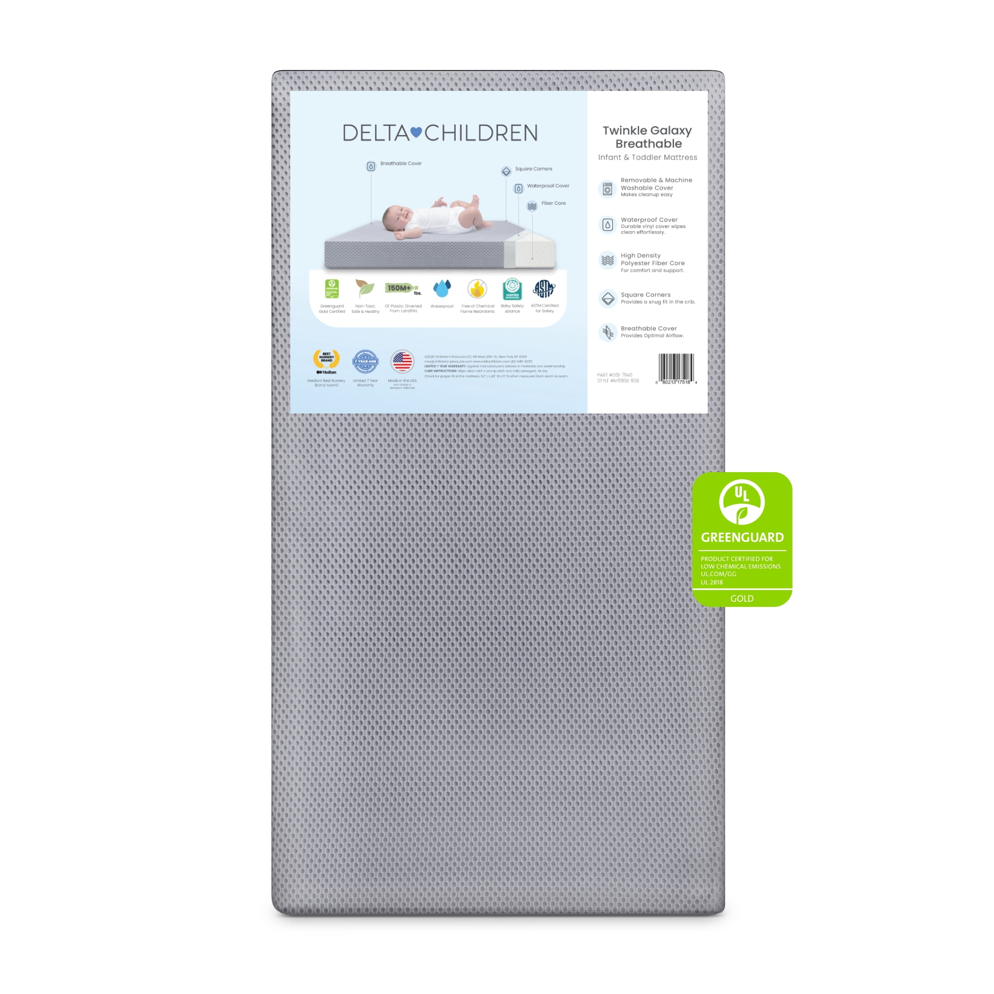 Delta Children Twinkle Galaxy Breathable Crib Mattress and Toddler Mattress - Breathable Cover and Fiber Core, Machine Washable Cover, Waterproof, 7 Year Warranty, A