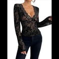 thumbnail image 1 of Blusa de Larga con Cuello Redondo y Encaje de con Bordado Floral para Mujer Negro S, 1 of 6