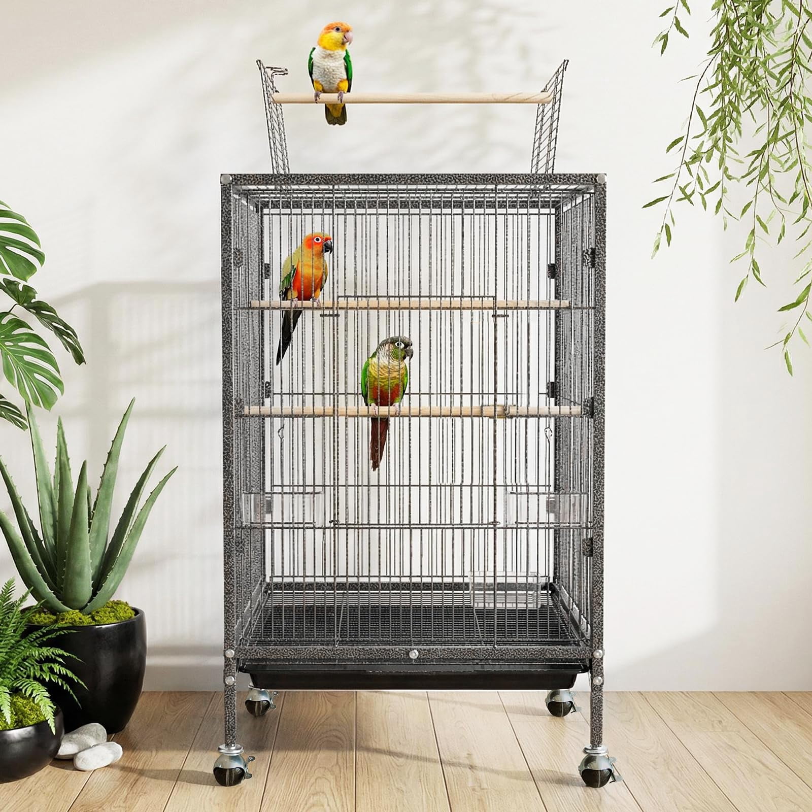 Heavy Duty Metal Bird Cage with Play Open Top – 38'' Tall Flight Cage for Parakeets, Cockatiels, Canaries, Lovebirds, Conures, Budgies, Small Parrots – Easy Assembly & Cleaning – With Rolling Stand