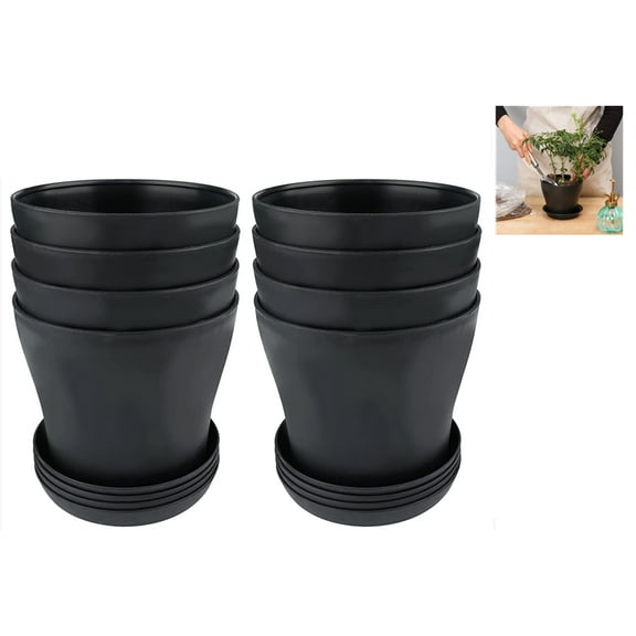 8 Pack 5.5 inch Plastic Planters, Plastic Indoor Planter Flower Pots, Topboutique Stylish 5.5 Inch Plant Pots for Indoor Plants with Drainage Holes and Tray for Plants, Flowers, Black