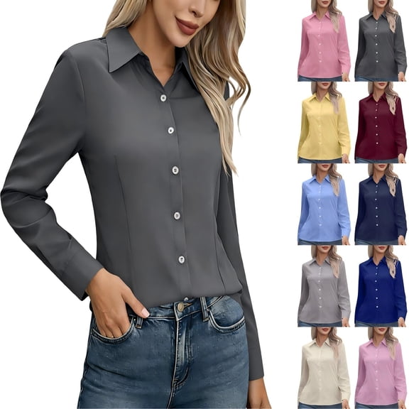 Tqcoqu Plus Size Button Down Shirts for Women,Wrinkle Free Long Sleeve Dressy Shirts,Womens Casual Collar V Neck Solid Fitted Tops,Dark Blue Women's S-XXXXXL