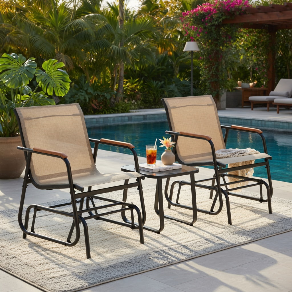Hommoo 3-Piece Outdoor Glider Bistro Set, Metal Frame with Tempered Glass Table, Teak Wood Armrests, Breathable Fabric Seating for Patio, Porch, Balcony, Brown