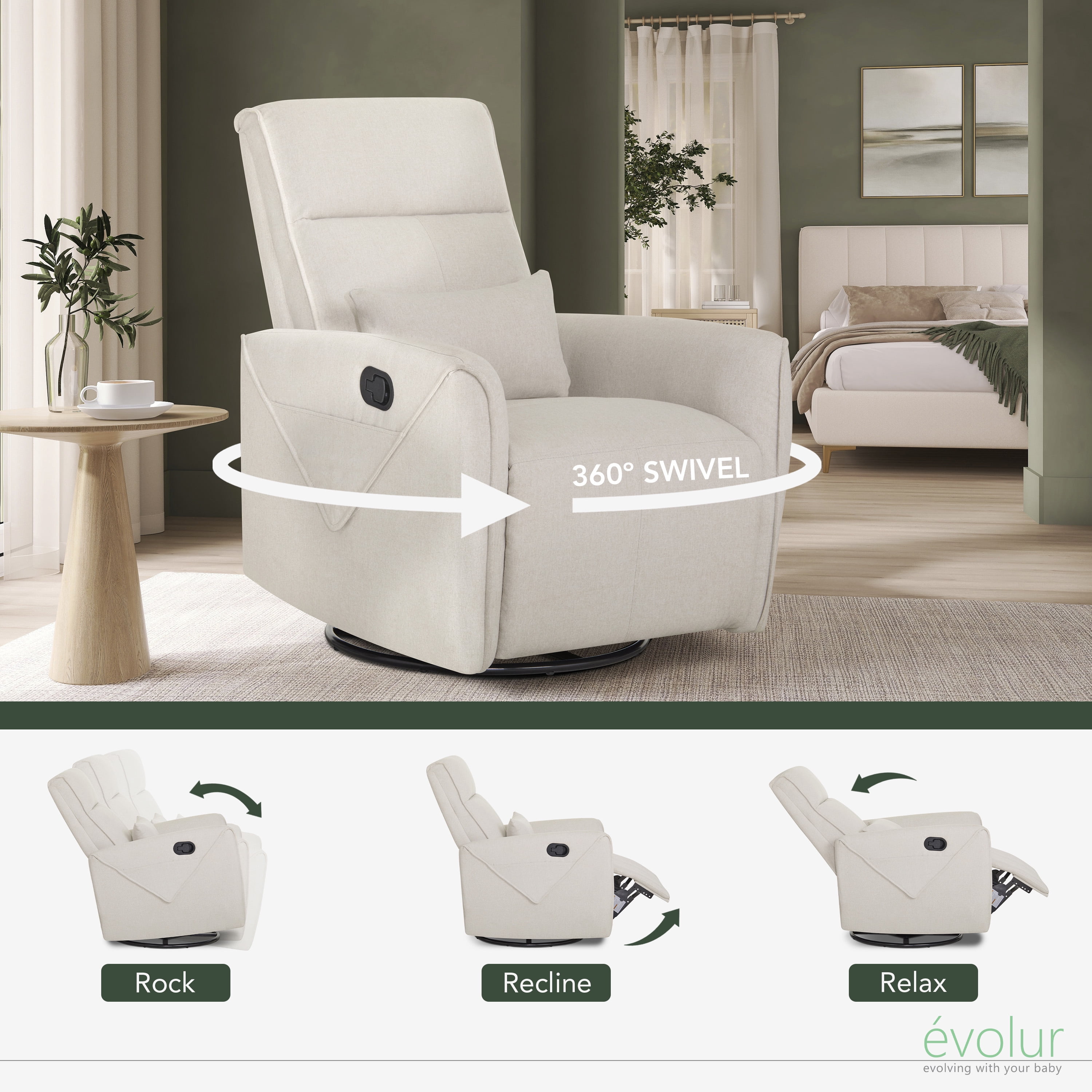 Evolur Slylas Manual Recline Glider, Light Sand