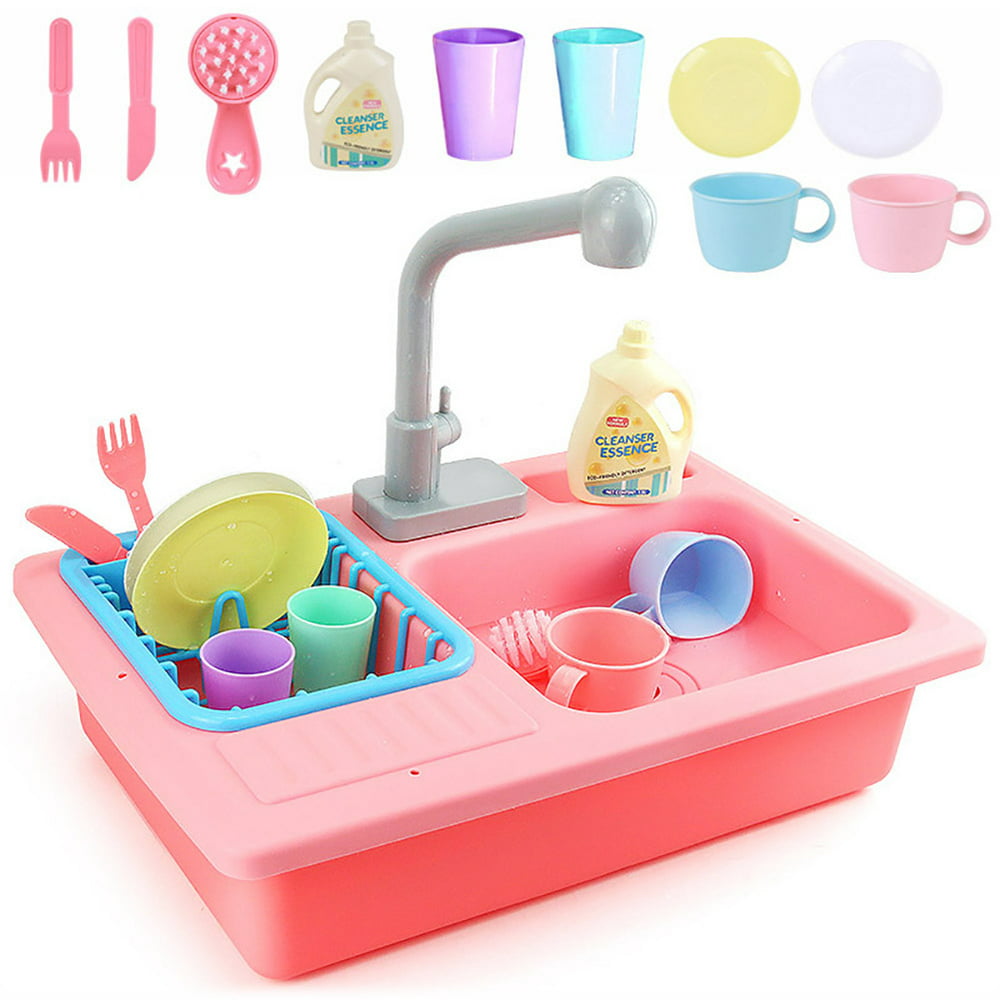 Kids Pretend Play Kitchen Sink Toys, Children Electric Dishwasher Playing Toy with Running Water