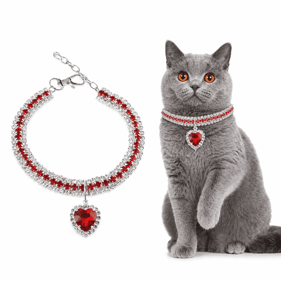 Crystal Gem Pet Necklace, Rhinestone Heart Pendant Dog Cat Collar for Daily Wear, Multiple Sizes