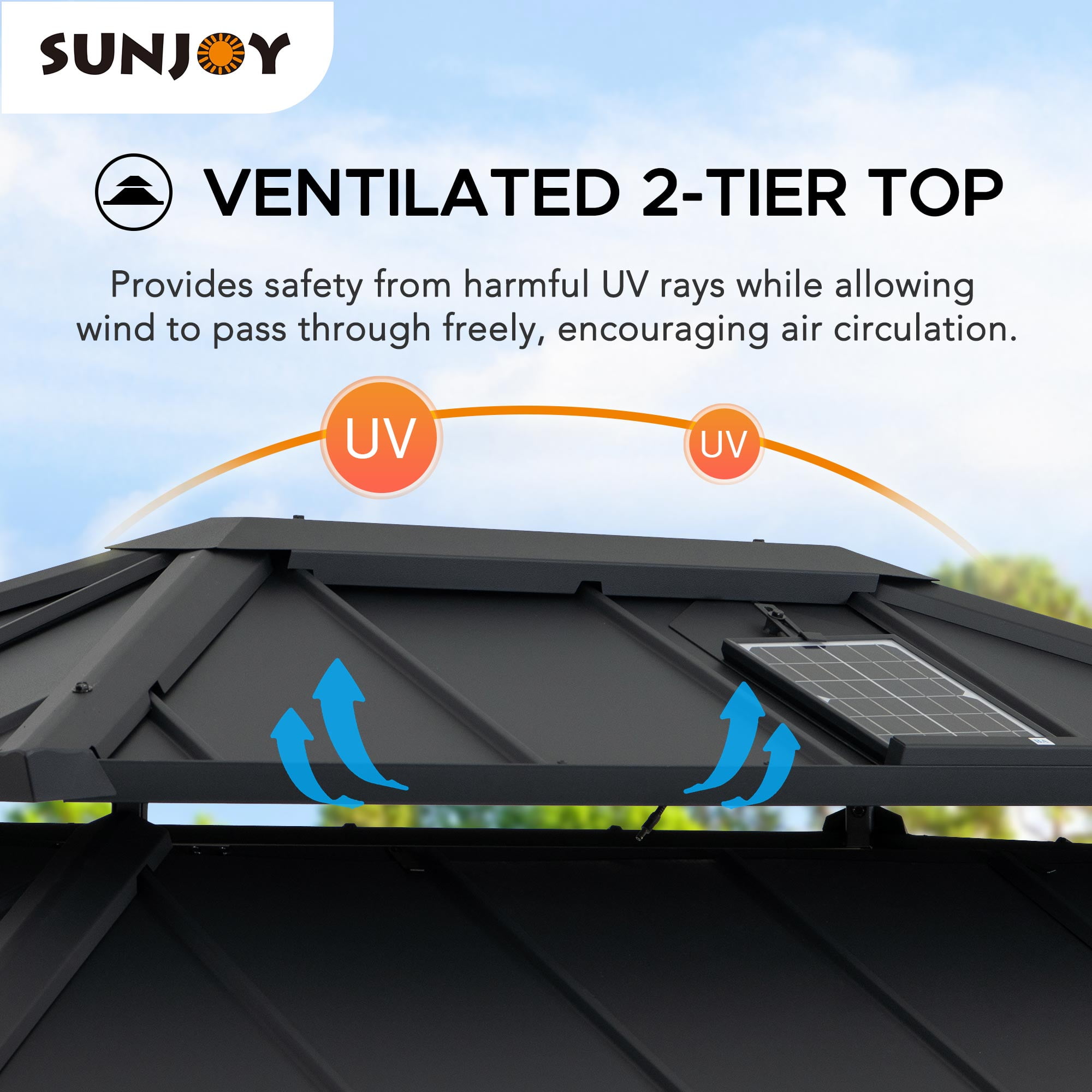 Sunjoy Hardtop Gazebo 10 x 12 ft. with Solar Panel Outdoor Patio Aluminum Frame Gazebo , 2-Tier Steel Hardtop Backyard Gazebo with Netting and Ceiling Hook, Black