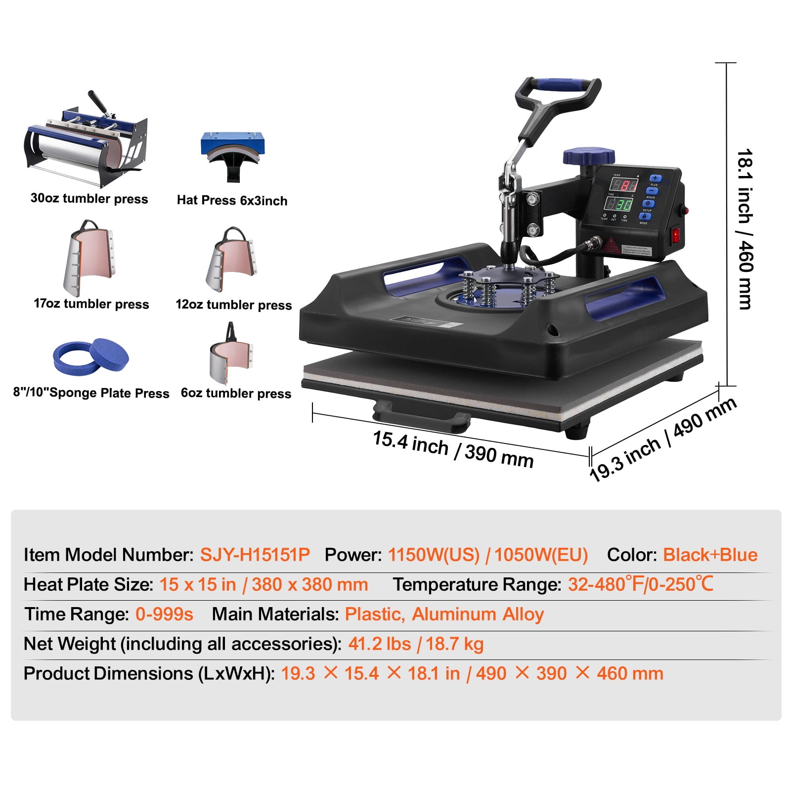 KFFKFF Heat Press, 15x15 inch, 8-in-1 Transfer Kit with 30 oz Cup Press, 360° Rotating Digital T-Shirt Printer, Teflon Finish, for Apparel/Mugs/Caps/Dishes, Black & Blue