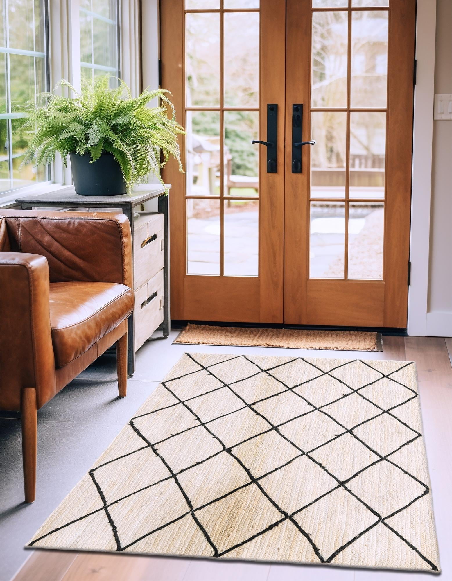 Unique Loom Braided Jute Collection Area Rug - Trellis (6' 1" x 9' Rectangle Ivory and Black/Black)