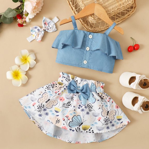 Vedolay Skirt For Girl Girl's 2 Piece Summer Outfits Heart Print Bow Front Ruffle Cap Sleeve Top Skort Skirt Set,Blue 80