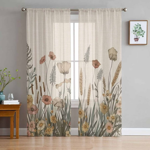 Pastoral Botanical Sheer Curtains 63 Inches Length 2 Panels Set, Window Sheer Curtains for Living Room/Bedroom, Farmhouse Floral Rustic Light Filtering Rod Pocket Curtain 52'' x 63'' x 2